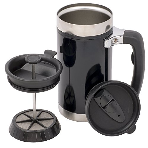 French Press Coffee and Tea Mug, Desk Press with Handle and 2 Spill Proof Lids - 20oz - Black