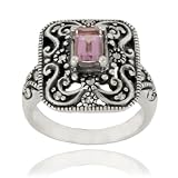 Sterling Silver Marcasite and Amethyst Rectangle Frame Ring, Size 8