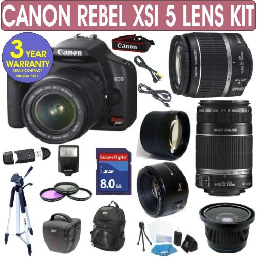 Canon Rebel XSi + Canon 18-55mm Lens + Canon 55-250mm Lens + Canon 50mm Lens + .40x Fisheye Lens + 2x Telephoto Lens + 3 Year Celltime Warranty Repair Contract