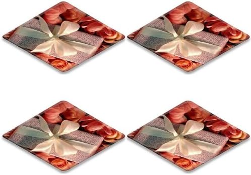 Roses Flowers Petals Gift Surprise Ribbon Square Coaster (4 Piece) Set Fabric Rubber 5 Inch Size Liil Coaster Cup Mug Can Water Bottle Drink Coasters Stain Resistance Collector Kit Kitchen Table Top Desk