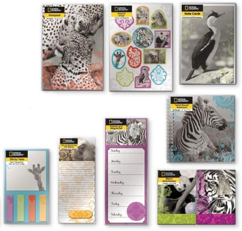 Assorted 8 Pack Set National Geographic Animal of PANDA, ZIBRA, TIGER, CHEETAH, GIRAFFE Desk Accessories Set Notepad, Magnets, Memo Pad, Sticky Notes and More! Office Supplies Items