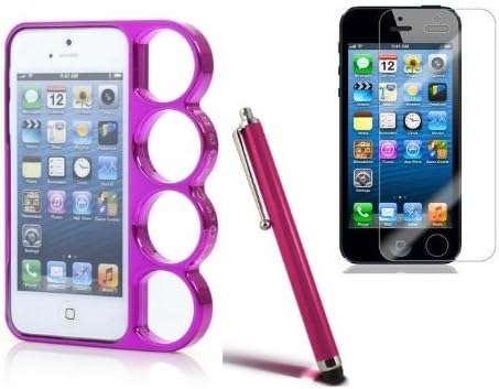 ShopNY Apple iPhone 5 5G Plastic Brass Knuckles Hard Bumper Rim Case Cover Hot Pink (All Carriers) + Free Stylus Pen + Free Screen Protector