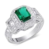 Classic Beauty 1.50 carats total weight Radiant Cut Created Emerald & White CZ Size 6 Gemstone Ring in Sterling Silver