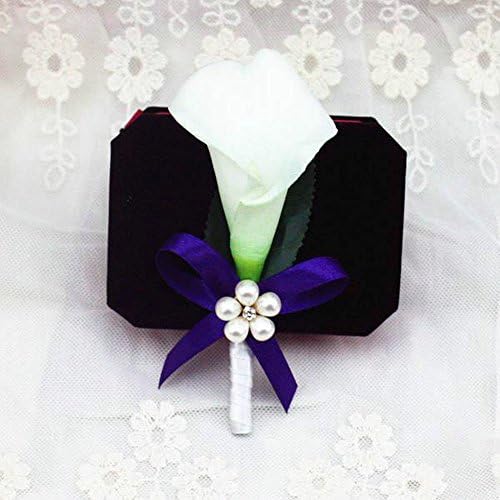 Mens Wedding Corsage Artificial Calla Lily Flower Engagement Boutonniere for Bridegroom Groomsman Pearl Brooch (1pc, Purple)