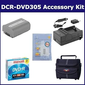 Sony DCR-DVD305 Camcorder Accessory Kit includes: 638002 Tape/ Media, SDM-109 Charger, SDNPFP50 Battery, ZELCKSG Care & Cleaning, ST80 Case