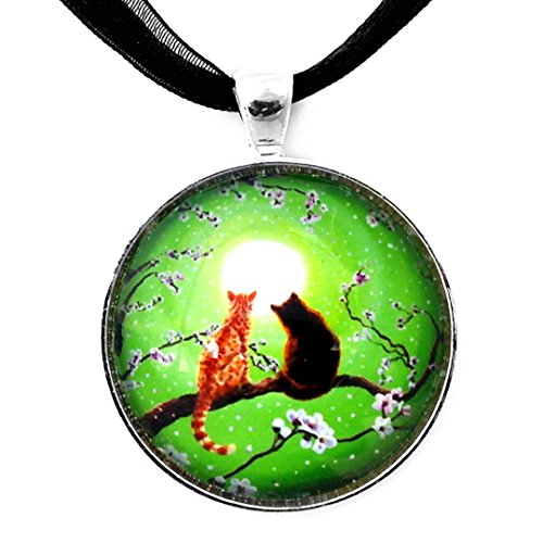 Orange Tabby Black Cats Pendant Necklace Green Zen Moon Sakura Cherry Blossoms Handmade Jewelry Boho Bohemian Art