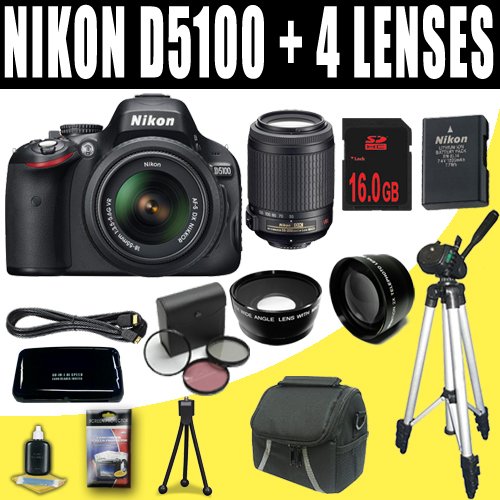 Nikon D5100 16.2MP CMOS Digital SLR Camera with 18-55mm f/3.5-5.6 AF-S DX VR Nikkor Zoom and Nikon 55-200mm f/4-5.6G ED IF AF-S DX VR Zoom-Nikkor Lenses + Nikon EN-EL14 Battery + 16GB Deluxe 4 Lens Accessory Kit