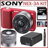 Sony Alpha NEX-3 Red 14.2MP HD Digital Camera in Red with Sony SEL1855 18-5 ....