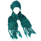 Winter Crochet Flower Knit Beanie Hat with Ski Scarf Pockets Mitten Teal 2pc Set