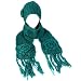 Winter Crochet Flower Knit Beanie Hat with Ski Scarf Pockets Mitten Teal 2pc Set
