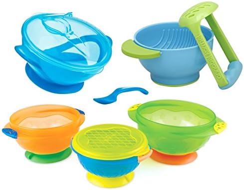 Nuby Suction Bowl with Spoon and Lid + Feeding and Mash & Serve Bowls, Blue
