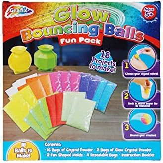 Glow Bouncing Balls 18 Balls to Make Set Includes:16 Bags of Crystal Powder 2 Bags of Glow Crystal Powder 2 Fun Shaped Molds 4 Resealable Bags Instruction Booklet