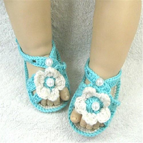 AngelMommyPatten Unisex Baby Newborn Infant Hand Knitting Crochet Shoes Socks Boots Summer Flower Sandals with pearls Sky Blue 10cm