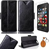 Traitonline 5in1 Schwarz Seite offen Oil Skin PU Ledertasche Flip Schutz Hülle Etui Schale Tasche für Amazon Fire Phone Schutzhülle Cover Case Wallet Design Mit Kreditkartenfächer+3*Displayschutzfolien