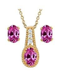 2.28 Ct Oval Pink Created Sapphire 14K Yellow Gold Pendant Earrings Set