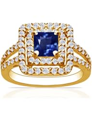 14K Yellow Gold Princess Cut Blue Sapphire Ring With Sidestones