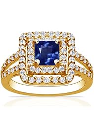 18K Yellow Gold Princess Cut Blue Sapphire Ring With Sidestones