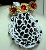 Hand Crocheted White Rayon Cotton Gimp Small Dress Snood Trimmed with Black Beads Mounted on French Barrette with Three Antique Gold and Red Pearl Buttons
