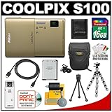 Nikon Coolpix S100 Digital Camera (Gold) with 16GB Card + Battery + Case +  ....