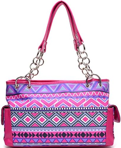 Aztec Print Shoulder Bag with Chain Handles &amp; Silver Tone Stud Accents