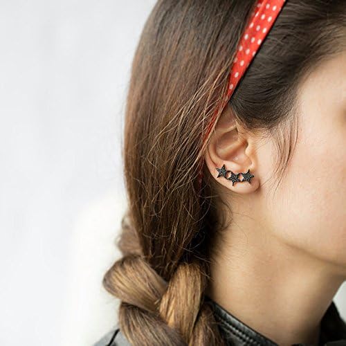 925 Sterling Silver Women Star Ear Cuff Ear Crawler Earrings with Black Cubic Zircon Stones Rose Gold Plated