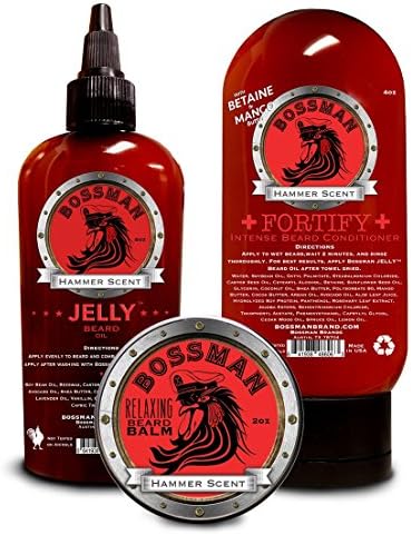 Essential Care Package Hammer Scent - Jelly Beard Oil, Relaxing Beard Balm and Fortify Intense Beard Conditioner included by Bossman Brands