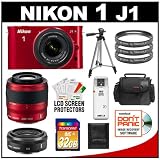 Nikon 1 J1 Digital Camera Body with 10-30mm & 30-110mm VR Lens (Red) with 10mm f/2.8 Lens + 32GB Card + Case + Filters + Tripod + Accessory Kit