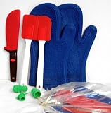 6 Pce Kitchen Essentials Silicone Gift Set: 1 x Pair Royal Blue NoBurn Oven Gloves, 1 Silicone Flexiknife; 2 x Silicone Spatulas, 2 x Bottle Stops.  10 Year Guarantee