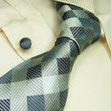 NEW Y&G Designer Hand Made Green Checkers 100% Jacquard Woven Pure Silk Mens Neck Tie and Cuff Links Set 1022