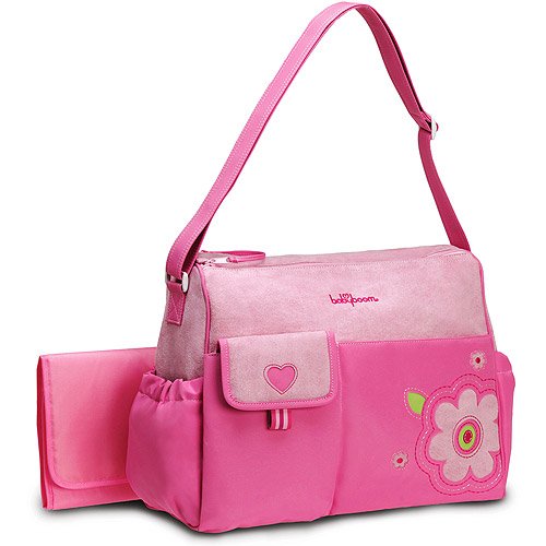 Baby Boom Duffle style diaper bag.  100% Micro Fiber Nylon features large Heart Applique in Pink.  Baby Boom - Heart Applique Diaper Bag :  Microfiber nylon with faux suede trim Double top-zip opening Spacious main compartment wit...