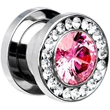 00 Gauge Stainless Steel Clear Pink CZ Screw Fit Tunnel