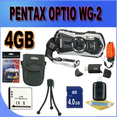 Pentax Optio WG-2 GPS Adventure Series 16 MP Waterproof Digital Camera with 5 X Optical Zoom (White) 4GB SD HC Card Battery and More Accessory Saver Bundle