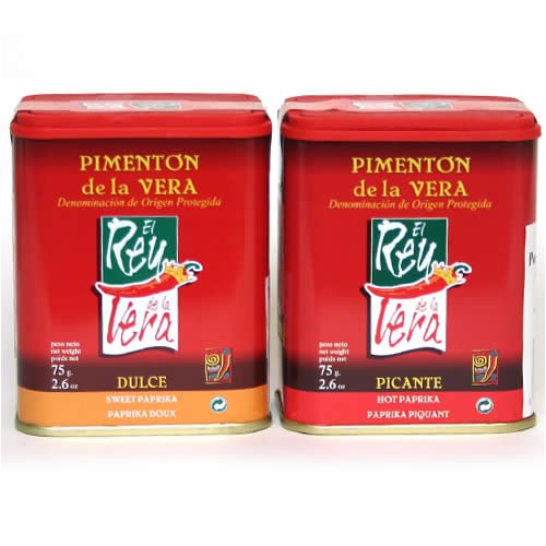 Artisan Spanish smoked paprika, Pimenton from La Vera region. Hot and Sweet. Set of 2 tins.