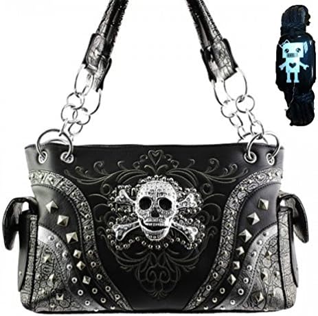CONCEALED HANDGUN CARRYING WESTERN HANDBAG w/RHINESTONE SKULL AND CROSSBONES PURSE - BLACK