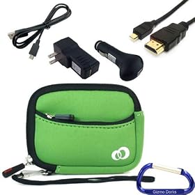 Gizmo Dorks Soft Neoprene Zipper Case (Green), Charging Bundle, and HDMI Cable with Carabiner Key Chain for the Kodak Playsport Zx3 Camera or Playtouch Zi10 Camera
