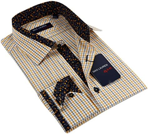 Max Lauren Men's Yellow and Grey Checkered Dress Shirt with Floral Trim in Collar,Small