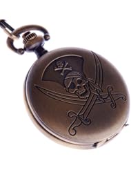 Pocket Watch Quartz Pirates Carribean Skull Dagger Motif Bronze Case Arabic Numerals with Chain Full Hunter PW-52