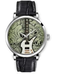 SPRAWL Aanalog Fashion Series Silver Ladies Watches of Genuine Black Leather Strap,Unique Wrist Watch for Women Girls Designed with Dragons Guitar background