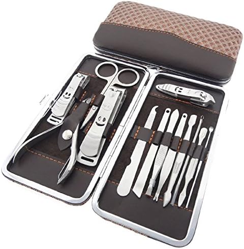 Okbool 13pcs Stainless Steel Manicure Pedicure Set ,Travel & Grooming Set, Personal Care Tools, Nail Scissors Nail Clippers Kit with Leather Case (Diamond Pattern)