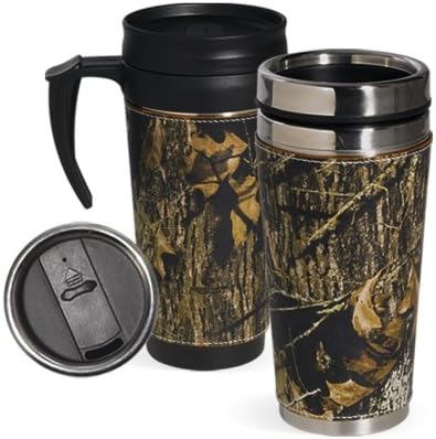 Mossy Oak Camo Leather Wrap 2 Cup Travel Mug Set: (1) with &amp; (1) w/o Handle (Mossy Oak Break Up Camo Leather Wrap)