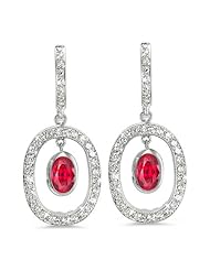 Duo Oval, Vintage Diamond Earrings In 18K White Gold With A 1.06 ct. Genuine Ruby Center Stone.