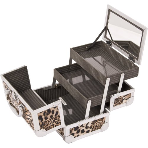 JustCase M1001 Cosmetic Makeup Train Case with Mirror and Easy Clean Extendable Trays, Leopard