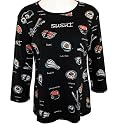 Jess & Jane 3/4 Ruffled Sleeve, Rhinestone Accented, Scoop Neck, 100% Cotton Printed Black Colored Fashion Top - Sushi