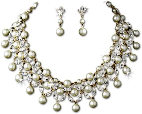 Stunning Gold-Tone Ivory Simulated Pearl Necklace Earrings Set Bridal Jewelry