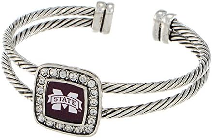 NCAA Mississippi State Bulldogs Silver Tone Cuff Bracelet Featuring MSU Logo & Clear Crystal Rhinestones