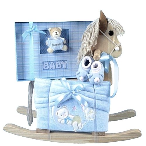 Keepsake Memory Album, Rocking Horse and Blanket New Baby Boy Gift Set – Great Shower or Easter Gift Idea for Newborns