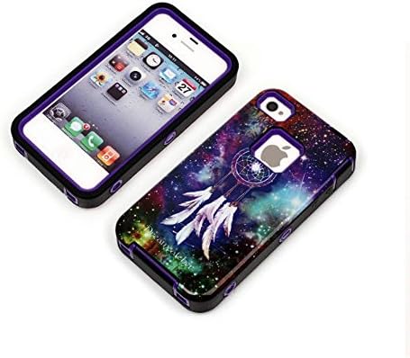 Meaci® Cellphone Case for Iphone 4 4s Combo Hybrid Case Hard Pc and Soft Silicon Rubber Bumper Protective Case with Dreamcatcher and Galaxy Pattern (dreamcatcher purple)