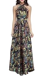 Floral Print Full Length Halter Vintage Jacquard Empire   Waistline Evening Dress 