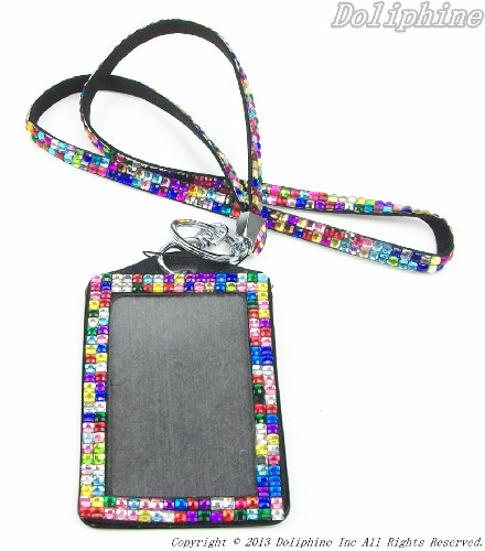Multi Colors Rhinestone Crystal Bling Necklaces LANYARDs Keychain Key Holder & Vertical ID Badge Holder (Rainbow)