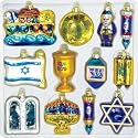 Decoration Set/Decorations for Hannukah Tree [Exclusive for Saint Petersburg Trade House. Size of ornaments: 2.5-3 in. (5-8 cm). Material: Hand-crafted glass and paint. Set includes 12 pieces] [Beautifully shaped from hand-crafted glass, these fantastic decorations were developed by a famous Jewish artist from Northern Africa. Each ornament shines with different colors and reflects the many aspects of Jewish culture. Some traditional Jewish symbols featured in the set include a menorah, a dreidel, the flag of Israel, and silver and gold mezuzahs. Give them as a gift, let them illuminate your own Hannukah tree, or merely hang them about the house to bring some delightful festivity into your home!]